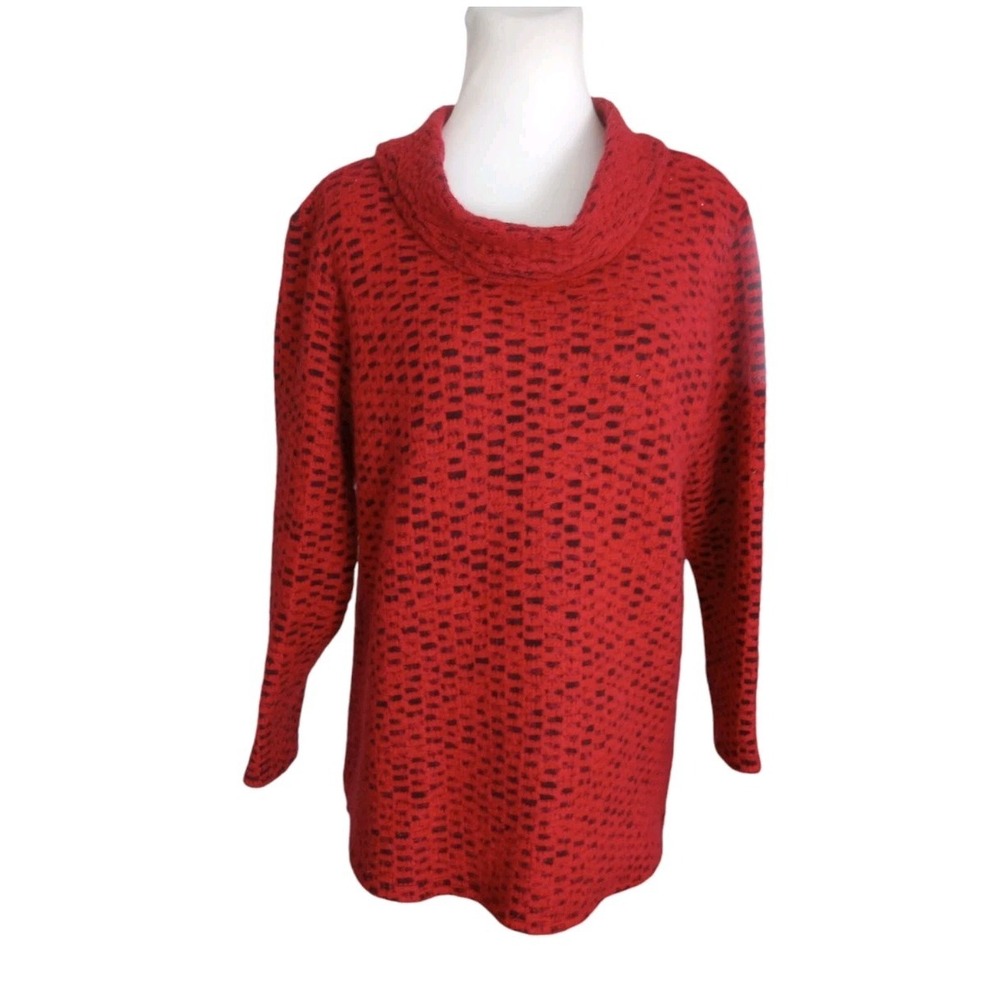 Ali Miles Sweater Tunic Size L  Red Black Eyelash Cowl Neck Knit Long Sleeve